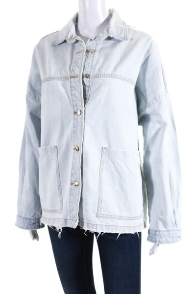 Zara Womens Cotton Buttoned Collared Long Sleeve Denim Jacket Light Blue Size M