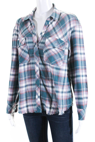 Rails Womens Plaid Print Snapped Buttoned Fringed Hem Collared Top Blue Size M