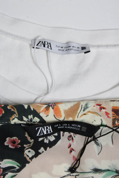 Zara Womens Cotton Floral Print Buttoned Embroidered Tops White Size M L Lot 2