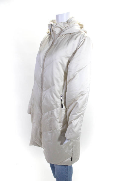 Moncler Womens Stripe Zipped Long Sleeve Hooded Quilted Puffer Coat White Size 2
