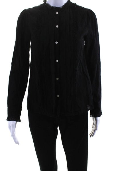 La Vie Womems Cotton Ruffled Button Up Long Sleeve Blouse Top Black Size XS