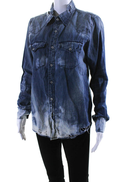NSF Womens Chambray Distressed Collared Button Up Blouse Top Blue Size S
