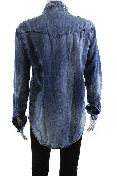 NSF Womens Chambray Distressed Collared Button Up Blouse Top Blue Size S