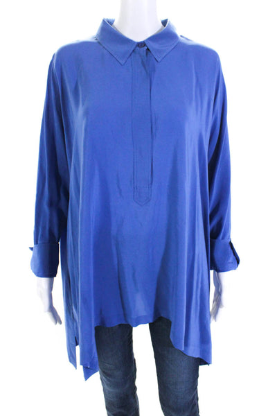 Eileen Fisher Womens Silk Half Buttoned Collared Long Sleeve Blouse Blue Size S