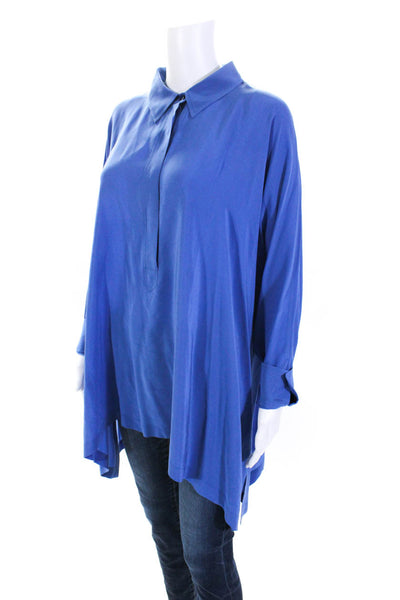 Eileen Fisher Womens Silk Half Buttoned Collared Long Sleeve Blouse Blue Size S