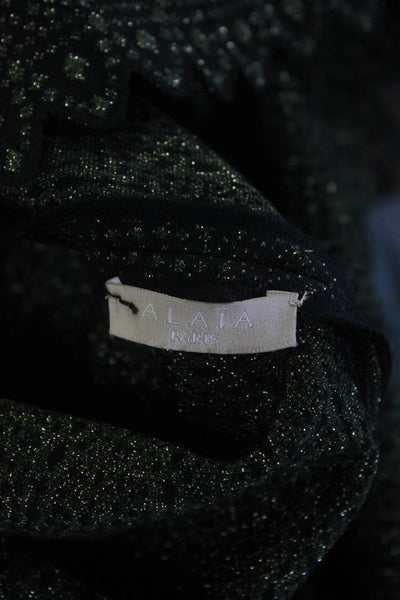Alaia Womens Back Zip Short Sleeve Metallic Knit Midi Flare Dress Green IT 42