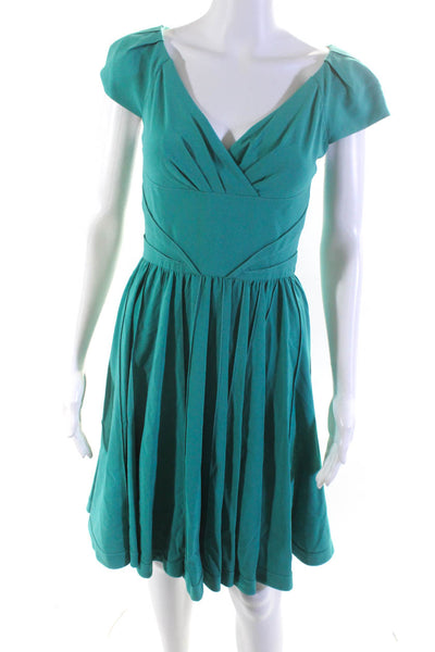 Zac Posen Womens Silk Short Sleeves V Neck A Line Dress Turquoise Blue Size 4