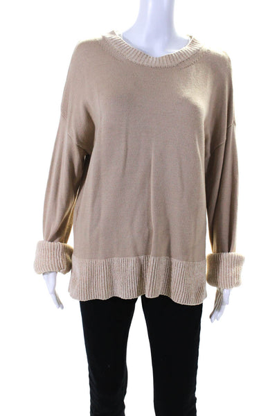 Alpha Studio Women's Wool Combo Trim Long Sleeve Knit Blouse Beige Size 48