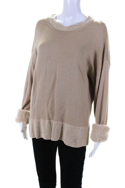 Alpha Studio Women's Wool Combo Trim Long Sleeve Knit Blouse Beige Size 48