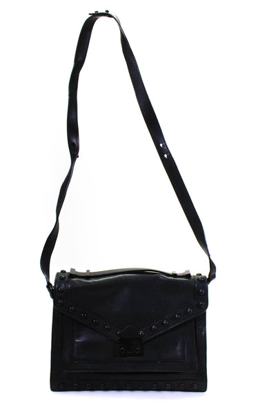 Loeffler Randall Womens Leather Studded Snap Lock Shoulder Handbag Black