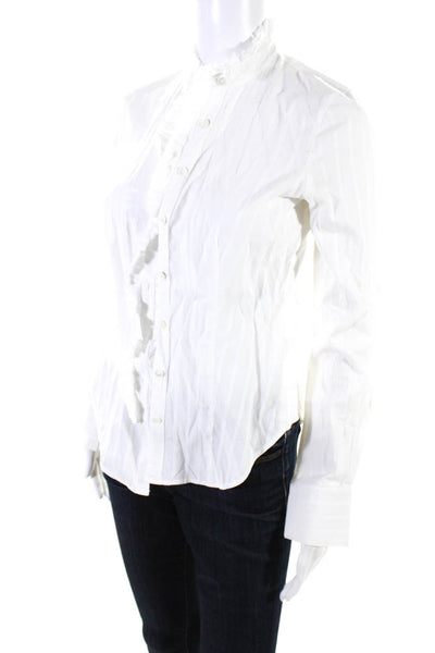 BCBGMAXAZRIA Womens Striped Print Ruffled Trim Button Down Shirt White Size XS
