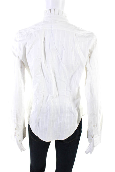 BCBGMAXAZRIA Womens Striped Print Ruffled Trim Button Down Shirt White Size XS