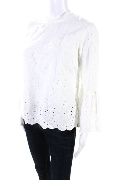 Ulla Johnson Womens Cotton Floral Embroidered Flounce Sleeve Blouse White Size 4