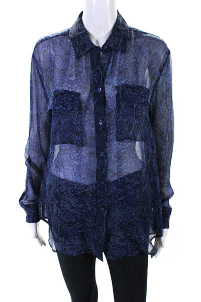 Equipment Femme Womens Dark Blue Silk Reptile Skin Long Sleeve Blouse Top Size M