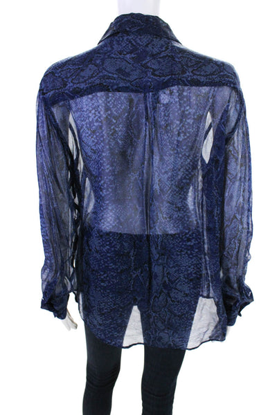 Equipment Femme Womens Dark Blue Silk Reptile Skin Long Sleeve Blouse Top Size M