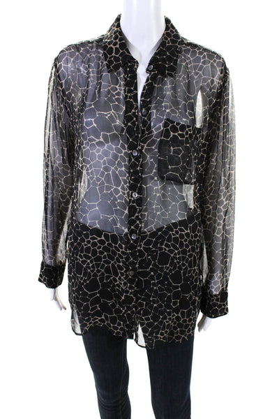 Equipment Femme Womens Black Silk Printed Collar Long Sleeve Blouse Top Size M