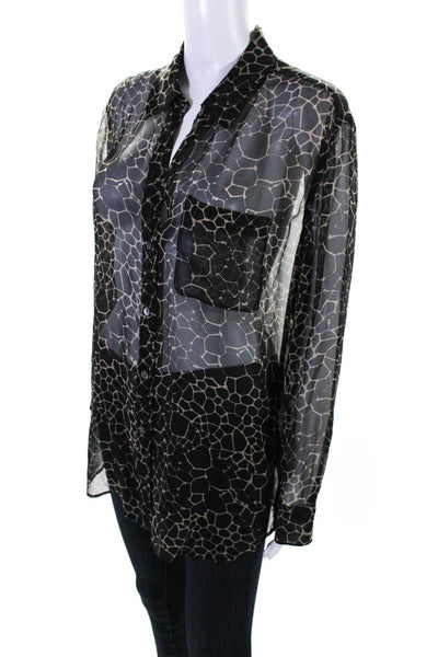 Equipment Femme Womens Black Silk Printed Collar Long Sleeve Blouse Top Size M