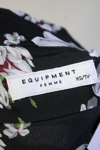 Equipment Femme Womens Silk Floral Print Long Sleeve Button Up Top Black Size XS
