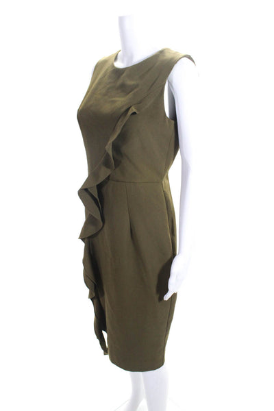 Milly Women's Scoop Neck Sleeveless Ruffle Midi Dress Olive Green Size 8