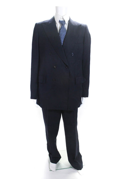 Lanvin Mens Double Breasted Pointed Lapel Pleated Suit Navy Blue Wool Size 44R