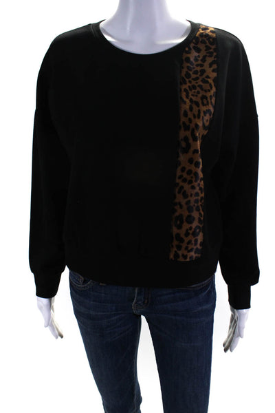 Mason Womens Leopard Print Pony Hair Stripe Crew Neck Sweatshirt Black Petite