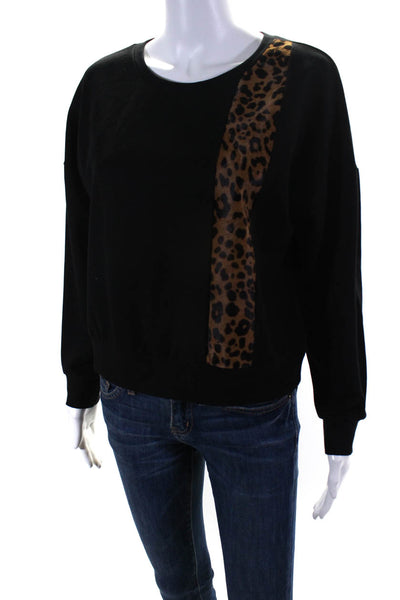 Mason Womens Leopard Print Pony Hair Stripe Crew Neck Sweatshirt Black Petite