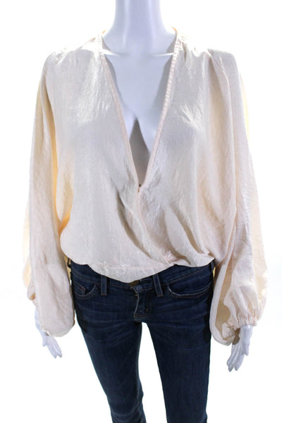 Free People Womens Ivory V-Neck Long Sleeve Cropped Blouse Top Size S