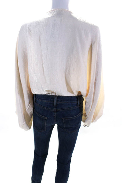 Free People Womens Ivory V-Neck Long Sleeve Cropped Blouse Top Size S