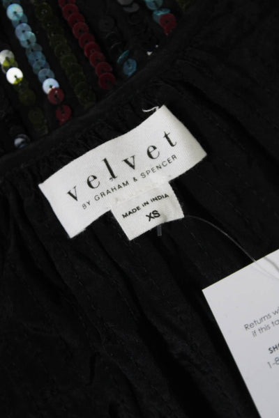 Velvet Womens Sequin V-Neck Short Sleeve Pullover Blouse Top Black Size XS