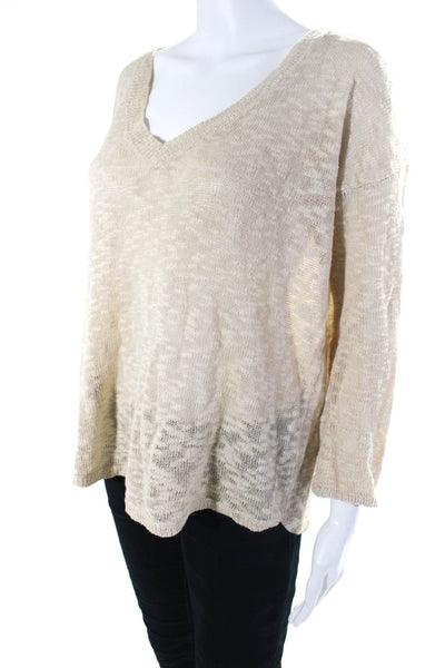 Joie Womens Cotton + Linen V-Neck Long Sleeve Pullover Sweater Top Beige Size S