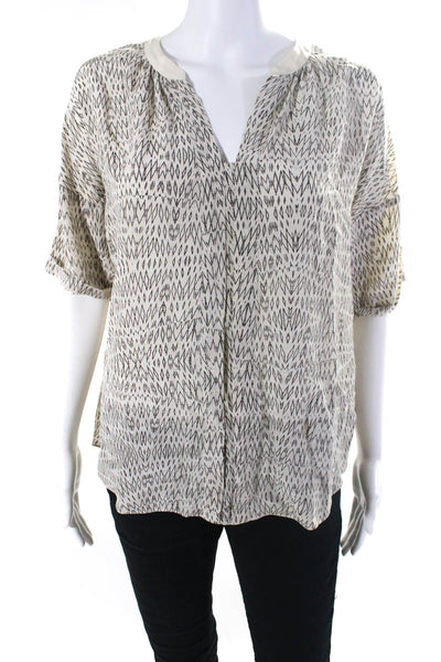 Rebecca Taylor Womens Silk Abstract V-Neck Short Sleeve Blouse Top Beige Size 2