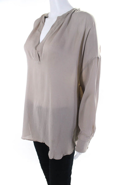 Vince Womens Rounded Hem V-Neck Long Sleeve Pullover Blouse Top Taupe Size S