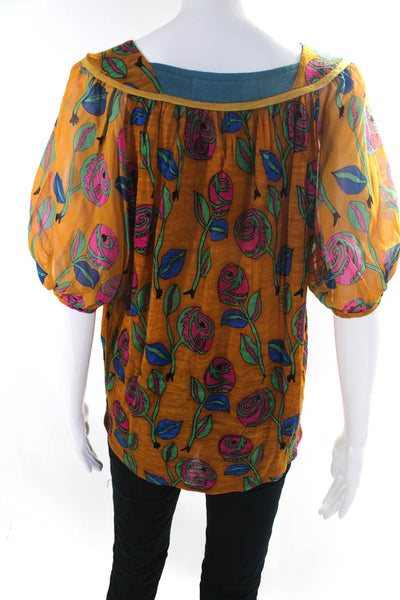 Tsumori Chisato Womens Square Neck Puff Sleeve Floral Top Blouse Tan Wool Size 2