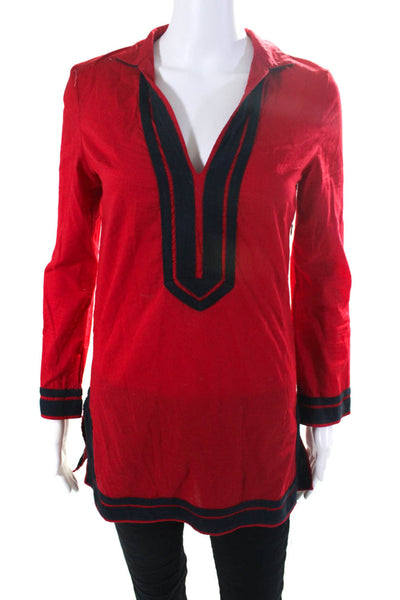 Venus Womens Long Sleeve Standing Collar Tunic Blouse Red Navy Blue Size 2
