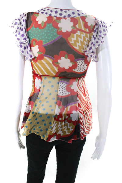 Tsumori Chisato Womens Mixed Print Flutter Sleeve V Neck Top Blouse Multi Size 4