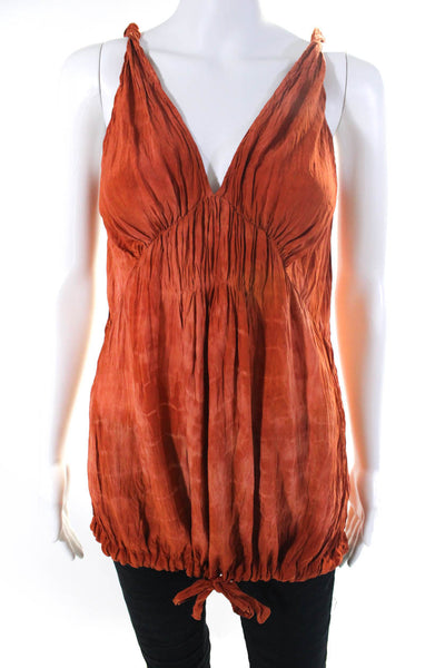 Groa Womens Plisse Satin V Neck Drawstring Tunic Tank Top Orange Size FR 36