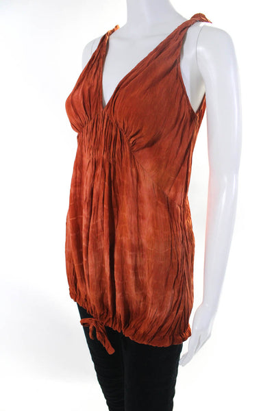 Groa Womens Plisse Satin V Neck Drawstring Tunic Tank Top Orange Size FR 36