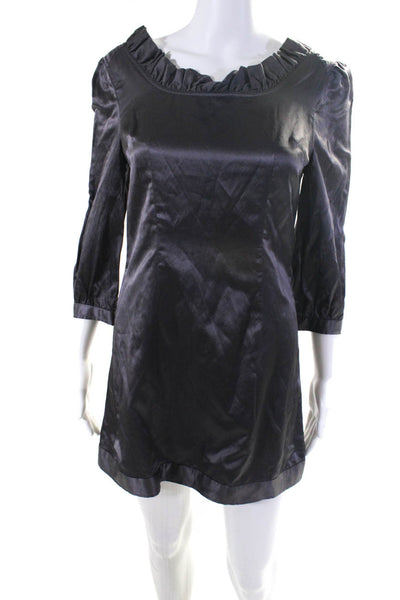 Alvin Womens Satin Ruffle 3/4 Sleeve Scoop Neck Mini Sheath Dress Purple Size 4