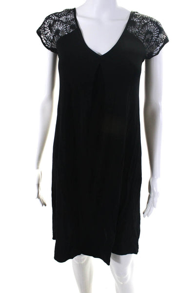 Michael Stars Women Lace Cap Sleeve V Neck Matte Jersey Shift Dress Black Size 0