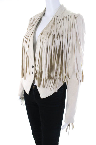 Central Park West Womens Faux Suede Fringe Button Up Jacket Ivory Size XS