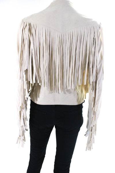 Central Park West Womens Faux Suede Fringe Button Up Jacket Ivory Size XS