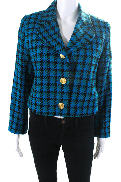 Ann May Womens Vintage Woven Silk Houndstooth Crop Blazer Jacket Black Blue Sz 6