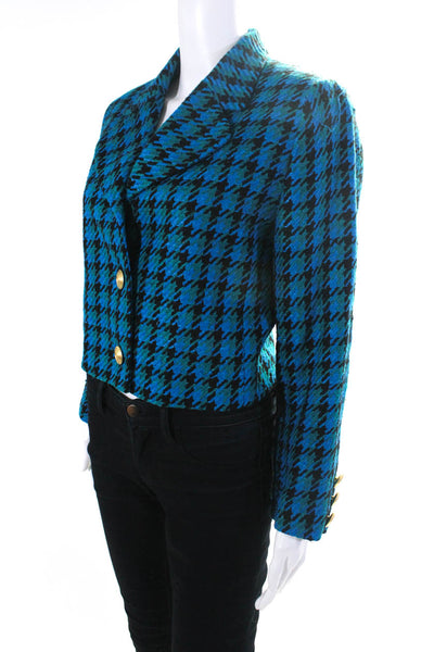 Ann May Womens Vintage Woven Silk Houndstooth Crop Blazer Jacket Black Blue Sz 6