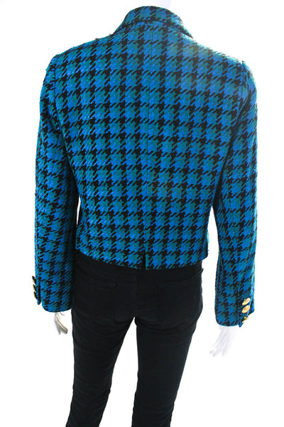 Ann May Womens Vintage Woven Silk Houndstooth Crop Blazer Jacket Black Blue Sz 6