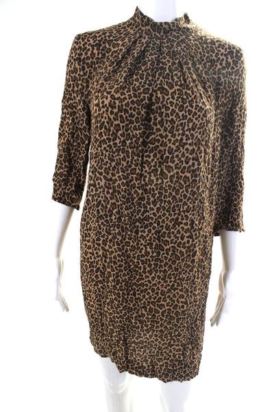 Sandro Womens High Neck 3/4 Sleeve Leopard Print Shift Dress Brown Size 1