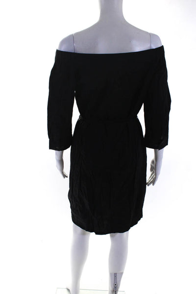 Theory Womens Black Linen Off Shoulder 3/4 Sleeve Belted Shift Dress Size 6