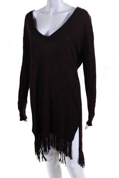 Ella Moss Womens Fringe Hem Dolman Sleeve V Neck Sweater Dress Burgundy Medium