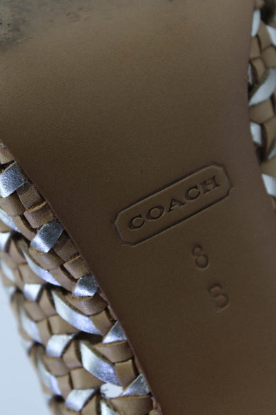 Coach Womens Leela Woven Metallic Leather Stiletto Sandals Beige Silver Size 8