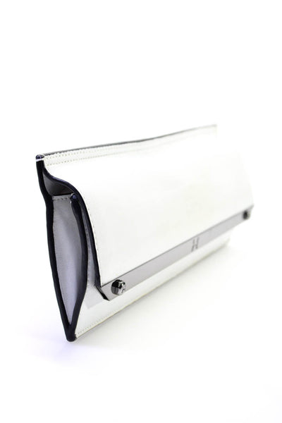 Halston Heritage Womens Long Magnetic Flap Clutch Handbag White Silver Tone