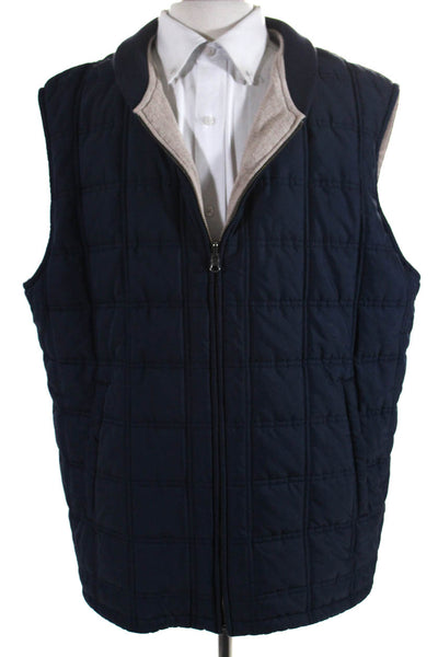 Brooks Brothers Mens Front Zip Quilted Reversible Vest Jacket Blue Brown 2XL